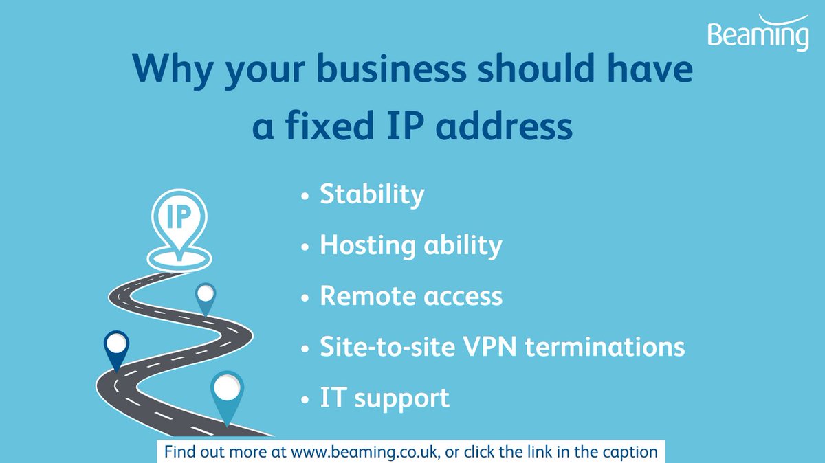 BeamingNews's tweet photo. Do you know the benefits of your business having a fixed IP address? 

#fixedIP #staticIP #datasecurity #businessISP https://t.co/GbURjyz2dh
