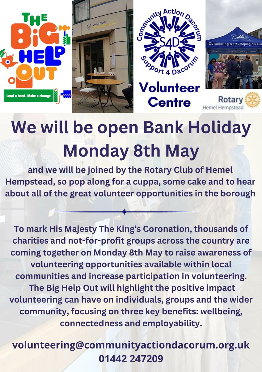 Support4Dacorum's tweet photo. We will be open Bank Holiday Monday 8th May and we will be joined by the Rotary Club of Hemel Hempstead, so pop along for a cuppa, some cake and to hear about all of the great volunteer opportunities in the borough 
volunteering@communityactiondacorum.org.uk
01442 247209 https://t.co/PRnEpHbBFc