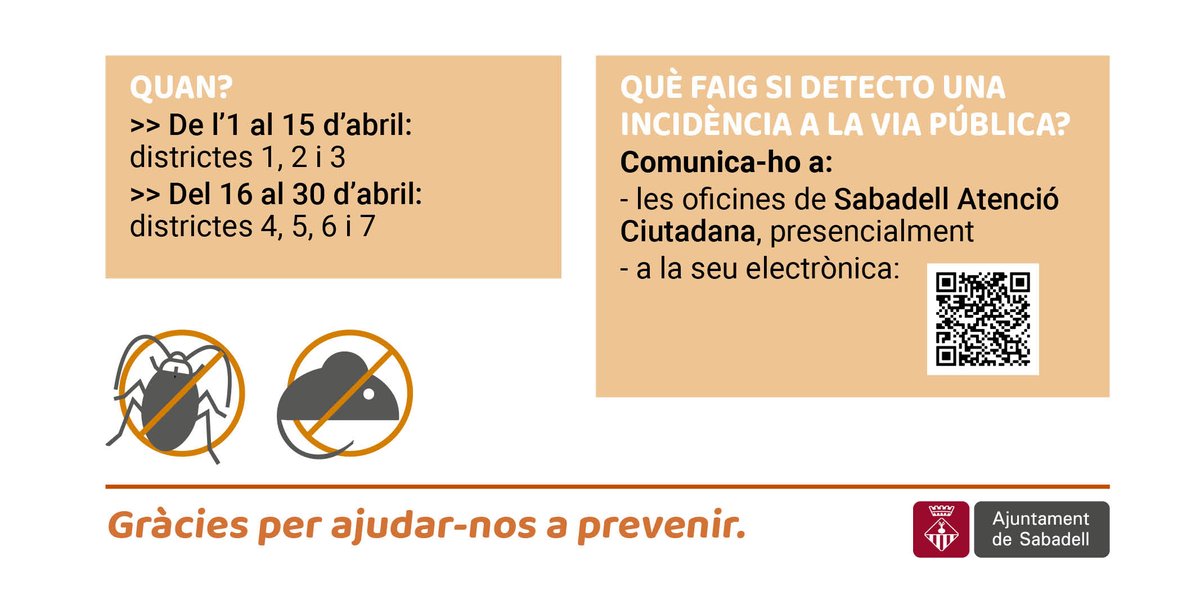 Aj_Sabadell's tweet photo. ✅ Actuacions preventives davant les plagues 

🧼 Control i neteja de clavegueram
📆Durant el mes d'abril

❗Si detectes una incidència a la via pública 

🗣️Comunica-ho:
ℹ️ a les oficines de #Sabadell Atenció ciutadana
🌐 https://t.co/kwcLEzcX8m

#Salut #ControlPlagues https://t.co/Uj238nO7fO
