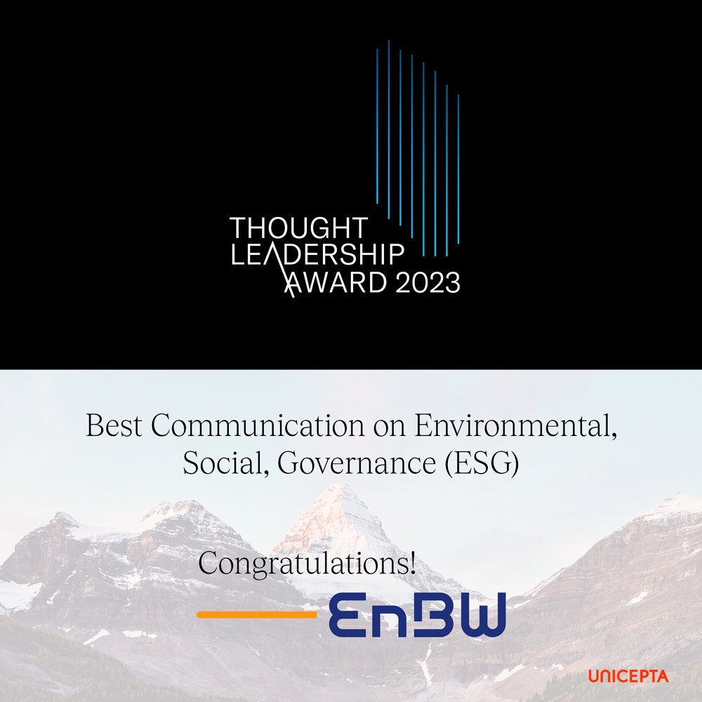 unicepta_news's tweet photo. We are announcing the winner of this year’s #ThoughtLeadershipAward, part of the #prpreis @DPRGde. Congratulations @EnBW! 
 
The energy supplier claims the award against very strong competition and credibly communicated on #ESG topics. https://t.co/CAqCo5J4Oi