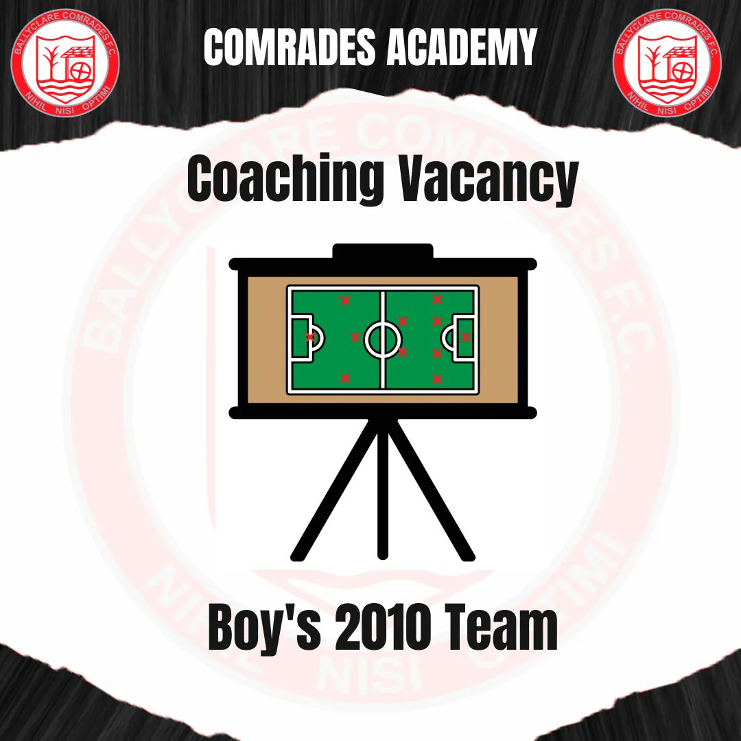 BallyclareFC's tweet photo. Ballyclare Comrades Boy's Academy - Coaching Vacancy

A coaching opportunity has become available to take our new 2010 Boy's 11 aside team.

If you are interested please contact us at
academy@ballyclarecomrades.com

#BCFC 🔴 ⚫ https://t.co/NAJrlVPJMD