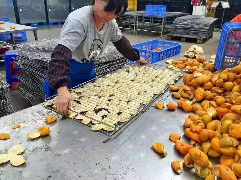 The workers are putting orange peels on the tray , and the next step is to drive the trolley to the warehouse for drying.