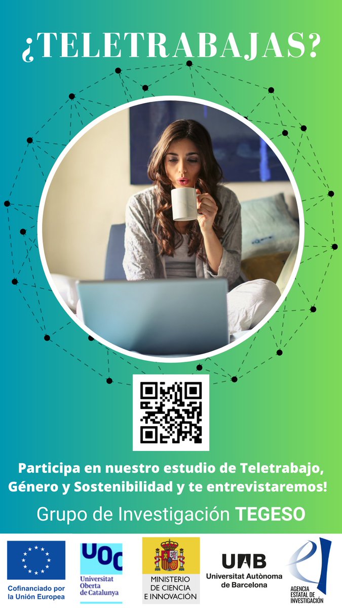 ¿Teletrabajas, o has teletrabajado en España? Estamos realizando un estudio sobre #Teletrabajo #Género  y #Sostenibilidad. Buscamos personas que quieran participar. 
Si estás interesad@, rellena el formulario del QR (o aquí: forms.gle/SCBnvgf9Yb8o9B…) para contactarte. GRACIAS!! 😊