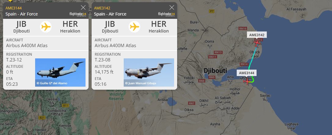 5472_nde's tweet photo. Pair of #SpanishAF A400M departing #Djibouti 0010z to Crete this morning. Now departed. 0802z https://t.co/nQXOxYY0cH