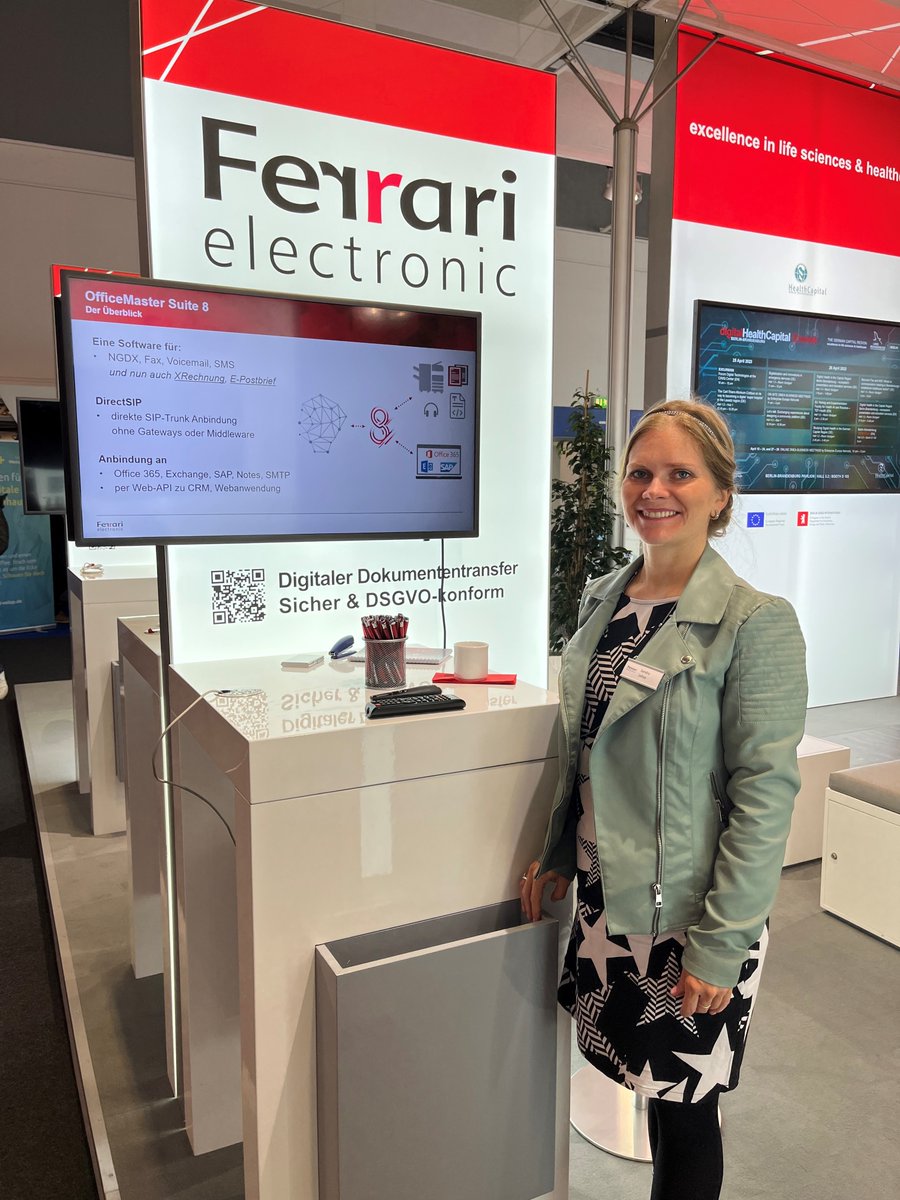 ferrari_el's tweet photo. Gleich geht’s los auf der #DMEA!!! Sandra Lohse, Partner Account Managerin bei @ferrari_el  freut sich auf interessante Gespräche zum Thema sicherer Transfer sensibler Patientendaten mit der OfficeMaster Suite. Kommt vorbei, Halle 3.2, Stand D-103 – wir freuen uns auf Euch! https://t.co/coRIRk1d0P