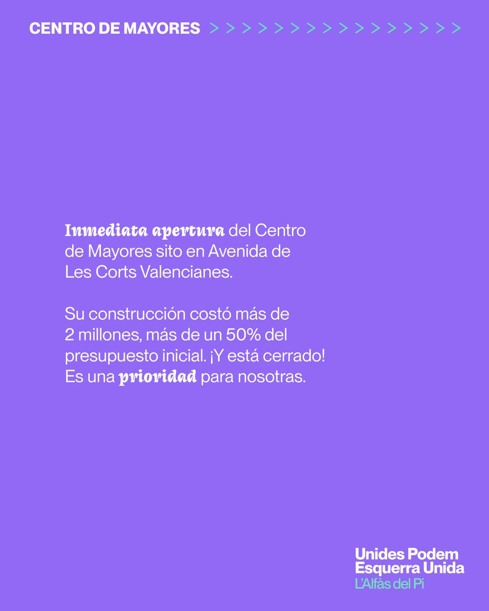 Podemos_lalfas's tweet photo. 👉 Su construcción costó más de 2 millones, un 50% más del presupuesto inicial. ¡Y está cerrado! 🤯
Es una prioridad para nosotras ✊
📣 Nuestro programa completo 👉 https://t.co/fvhcOaPcaJ
#UnidesPodemEsquerraUnida #CentroDeDía #VoluntadDeProgreso https://t.co/LgKC0yP3Di