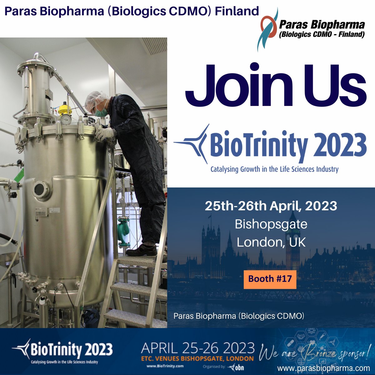 ParasBiopharma's tweet image. @OBN_UK&apos;s #BioTrinity event begins today in London!  Meet with us at Booth #17 to discuss our efficient Biologics Manufacturing for IND Submissions and explore potential collaborations! #biologics #Production #biopharma #Joinus #bronzesponsor