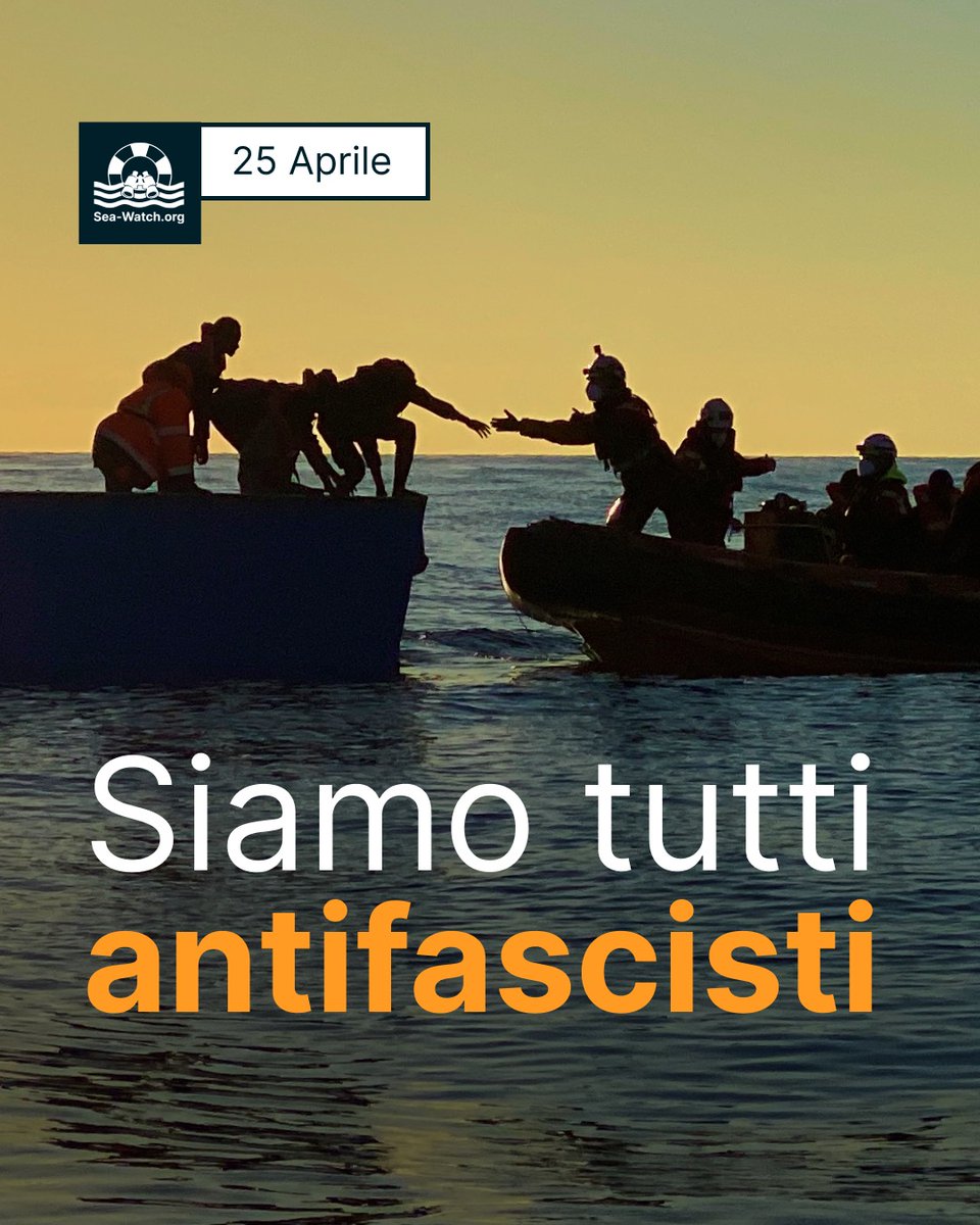 SeaWatchItaly's tweet photo. #25aprile, siamo tutti antifascisti.

Ricordiamo la Resistenza e chi ha dato la vita per liberare l’Italia dal nazifascismo. Pratichiamo la Resistenza in mare e in cielo per salvare vite umane, in terra per dare testimonianza. Combattiamo il razzismo, la xenofobia, il fascismo. https://t.co/ekWoyxW3Yq