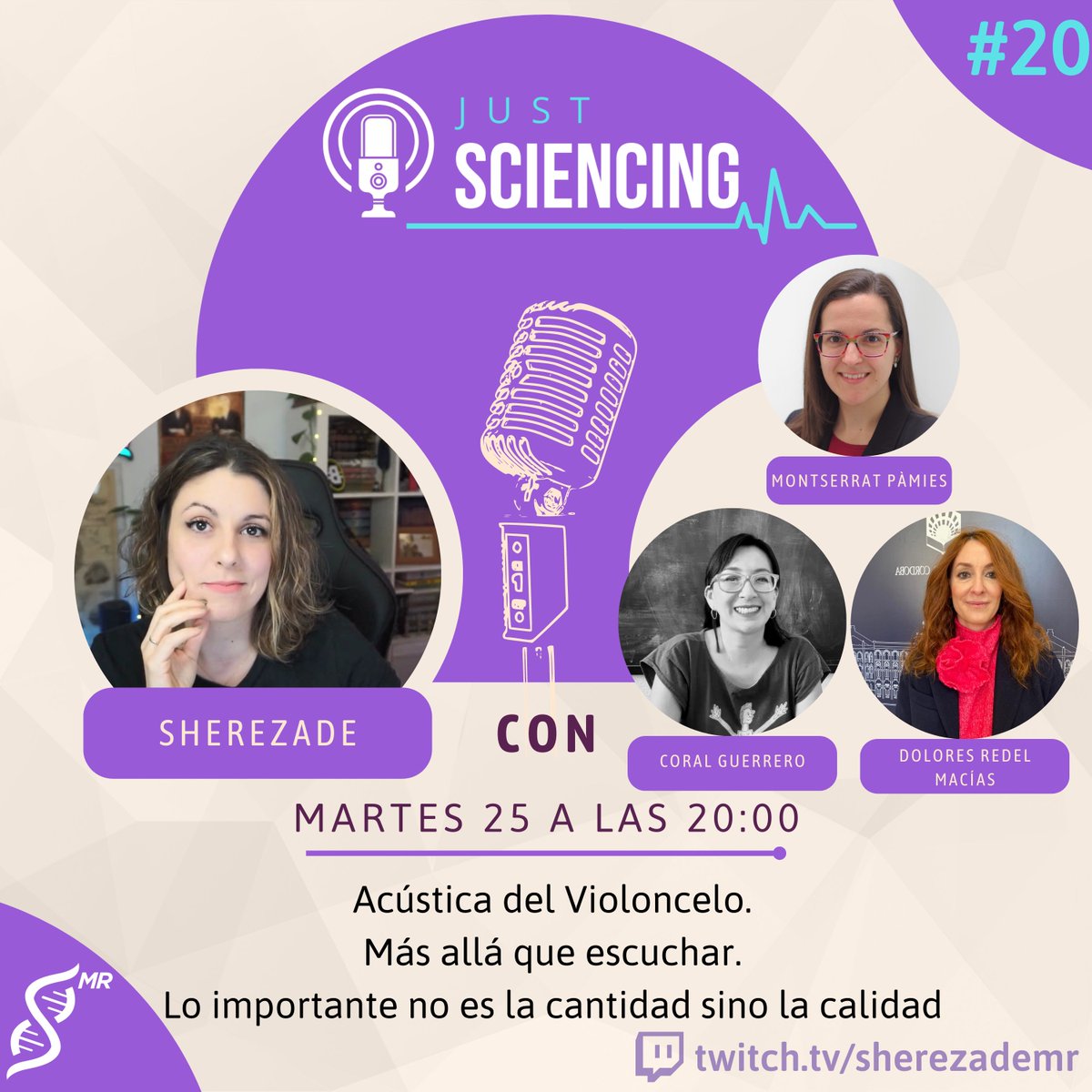 Ayyy que casi no llego a tiempo de avisaros de que no una, ni dos, sino TRES talentos vienen a #Twitch: <a href="/LolitaRedel/">MD</a>, <a href="/CoralGuerrero16/">CoralGuerrero</a> y @PamiesVilaMusAc 🙌🏻

Hablaremos de acústica desde tres ángulos diferentes y con esto inauguramos el primer congreso #JustSciencing 🤓

🟣20h🟣