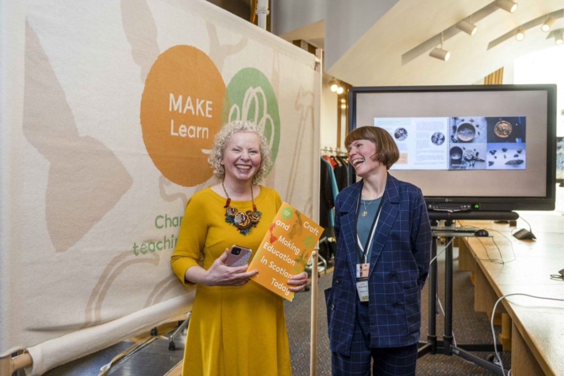 MAKEManifesto's tweet photo. Our #MAKELearn banner in all its knitted glory last week! π§Άπ We are overjoyed that our campaign made it to @ScotParl & had such a warm welcome. Huge thanks to those that joined us to help present our message & Ruth Maguire MSP for sponsoring. #CraftUnlocksLearning πΈ Neil Hanna https://t.co/2mEReUVCRC