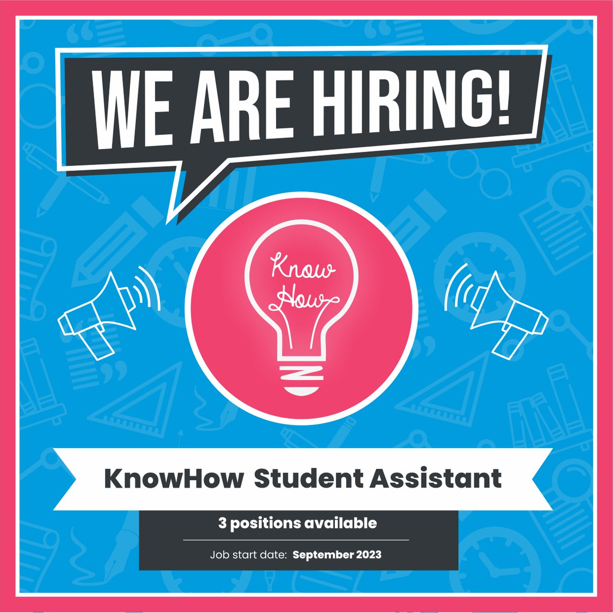 LivUniKnowHow's tweet photo. We are hiring!

We are looking for 3 new KnowHow Student Assistants for the 2023-24 academic year.

✅4 hours per week during term time
✅Flexible around your timetable.
✅ £11.03 per hour
✅ Starting September 2023

Find out more &amp; apply on Handshake:
https://t.co/CIhJ1oJepT https://t.co/WHThiUvqHa