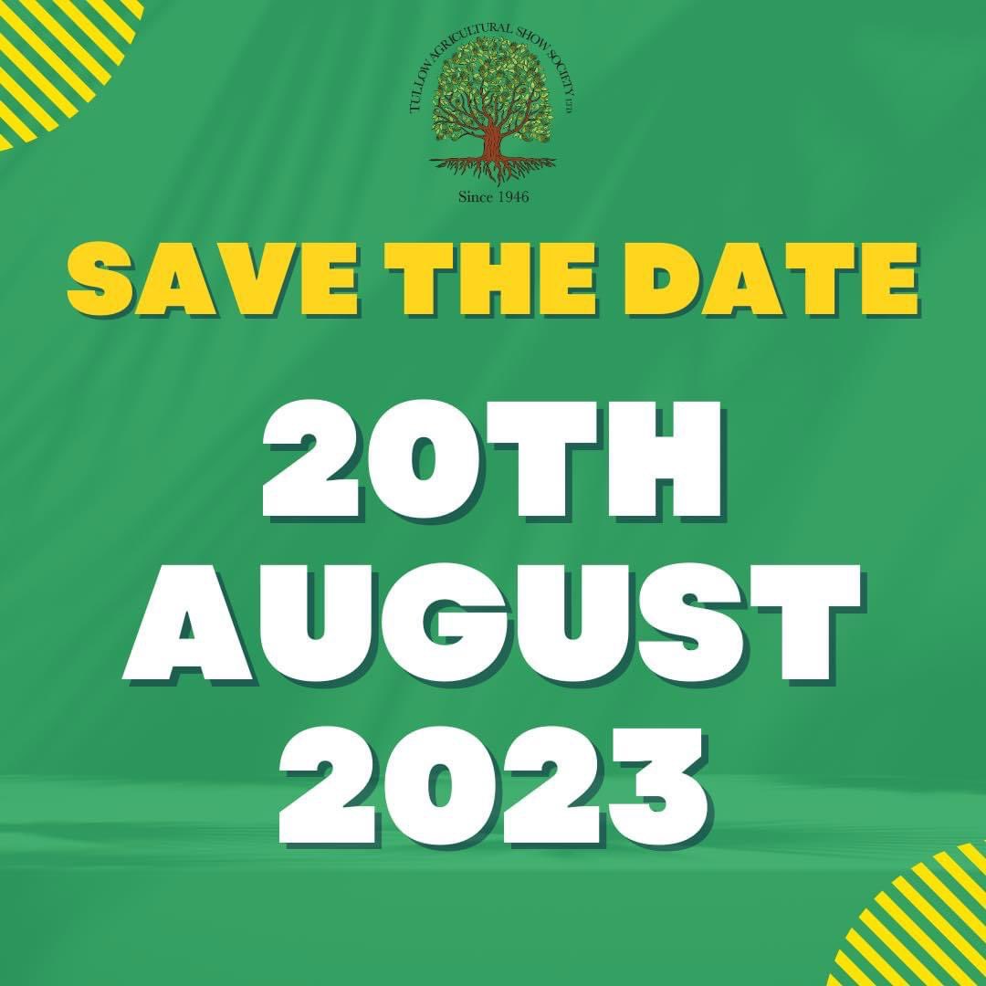 Tullowagrishow's tweet photo. 📣 ANNOUNCEMENT 📣

Date for the diary: The 2023 Tullow Agricultural Show will be held on Sunday, 20th of August 🚜🌾🎪

@Carlowlive1 @CarlowLEO @CarlowPPN @Carlow_Co_Co @CarlowWeather @carlowtourism @thatsfarming @farmersjournal @AgrilandIreland @agriculture_ie @irish_shows https://t.co/0mTMzKY0ay
