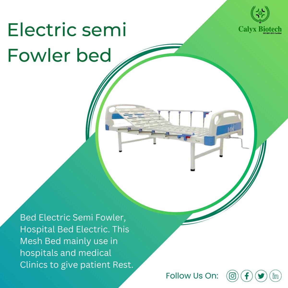 As a leading manufacturer and supplier in the healthcare industry, the Calyx Biotech Electric Semi Fowler Bed is designed to provide patients with a comfortable resting solution during their recovery

.

.

#calyxbiotech #ElectricSemiFowlerBed #HospitalBed #MedicalEquipment