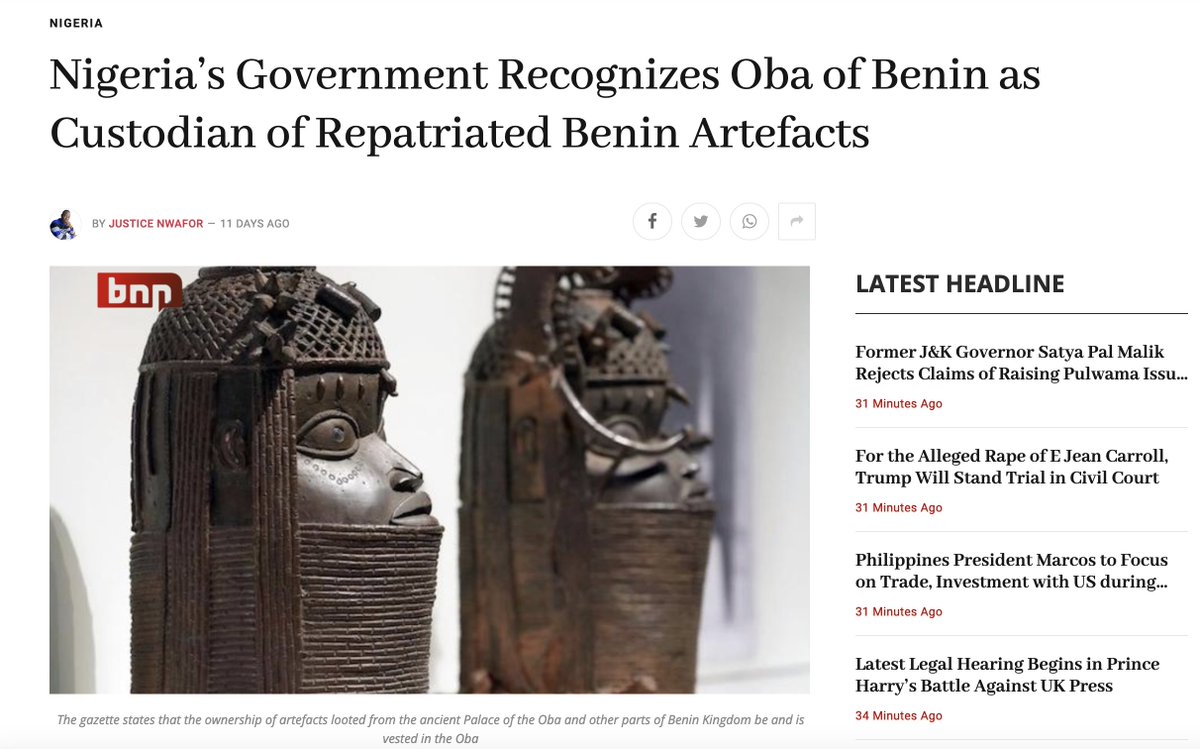 Important legal agreement surrounding ownership & custodial rights of #BeninBronzes in Nigeria – this has gone largely unnoticed in the western press. It appears to resolve lingering ownership dispute within Nigeria. @victorsozaboy @garethharr bnn.network/world/nigeria/…