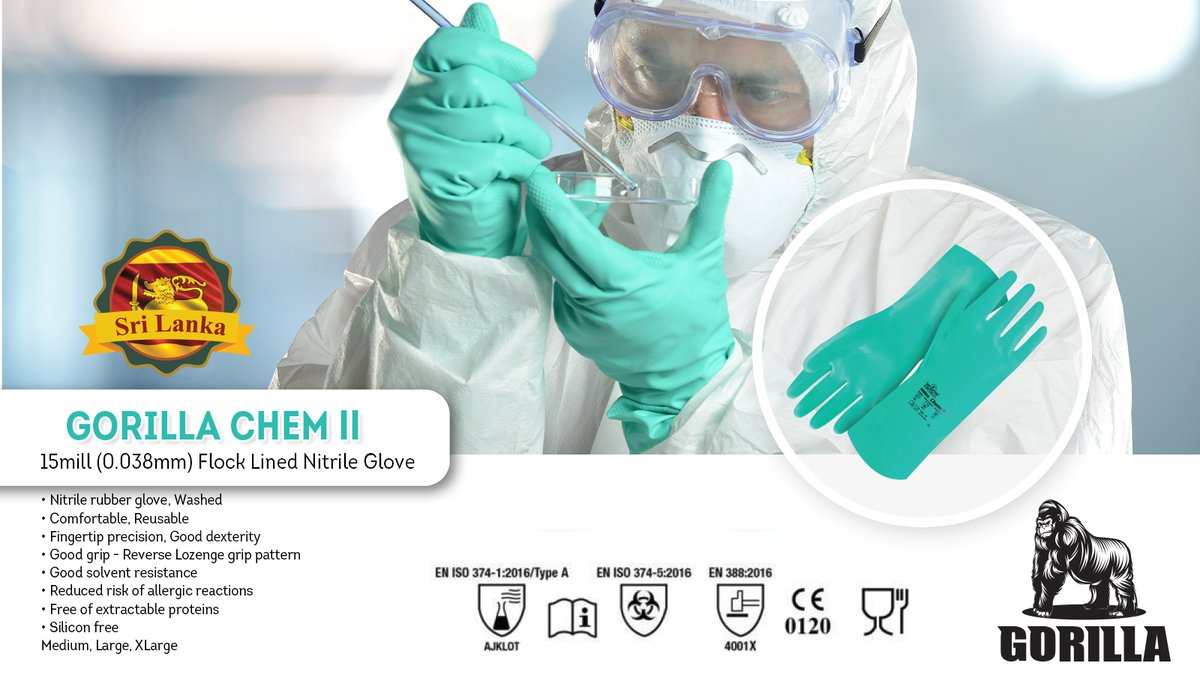 GORILLA CHEM II, Flock lined Nitrile Gloves 15mill (0.038mm)
Nitrile rubber glove, Washed, Comfortable, Reusable Fingertip precision, Good dexterity Good grip - 

#gorilla #chemical #flocklined #nitrilegloves #srilanka #rubber