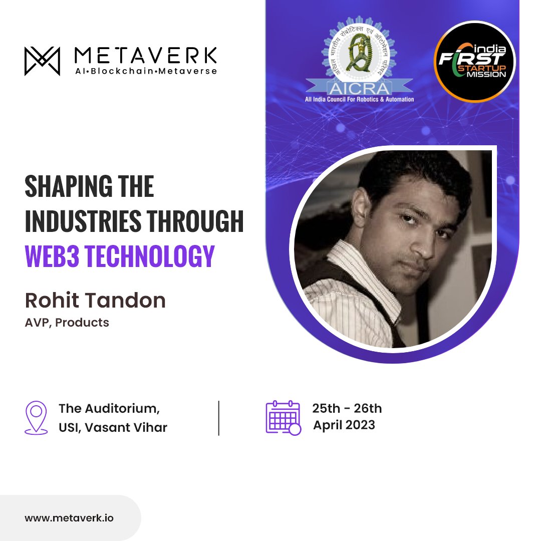 metaverk's tweet photo. Please join Rohit Tandon, AVP of products as he speaks at @AICRAINDIA, IndiaFirst STARTUP Mission regarding shaping the industries through web3 technology.

#Metaverk #Web3 #Web3Community #Technology #ArtificialIntelligence #Artificial_Intelligence #Metaverse #TECH4ALL https://t.co/hkzmtnXlO2