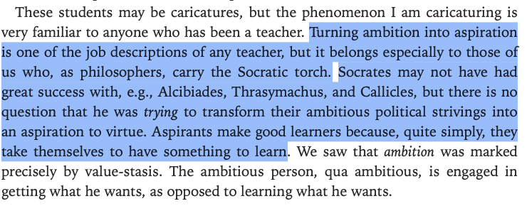 Love this insight from <a href="/AgnesCallard/">Agnes Callard</a>'s book Aspiration

Ambition is overrated. Aspiration is underrated

Ambition=trying to get what you already want. Eg wanting to become a classical musician

Aspiration=trying to learn to want something new. Eg wanting to value classical music