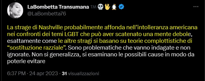 matt7gh's tweet photo. DISSONANZA BOMBETTA
Il #troll pensa, come #Bassetti, che l'omicida della povera #Capovani è stato spinto dai #complottisti e dai #novax, ma lo stragista di #Nashville non è stato spinto da nessuno, è solo una "mente debole" vittima dell'"intolleranza" verso #LGBTQ https://t.co/ZgXltvatnA