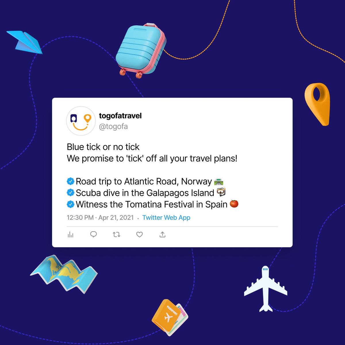 MarketingTogofa's tweet photo. Our focus is only on ticking off your travel plans for the year!🌎❤
#togofa #togofatravel #bluetickgone #twittertick #TwitterBlueTick #twittertrends #BlueTick #dubai #uae https://t.co/TL6KZJz9MA