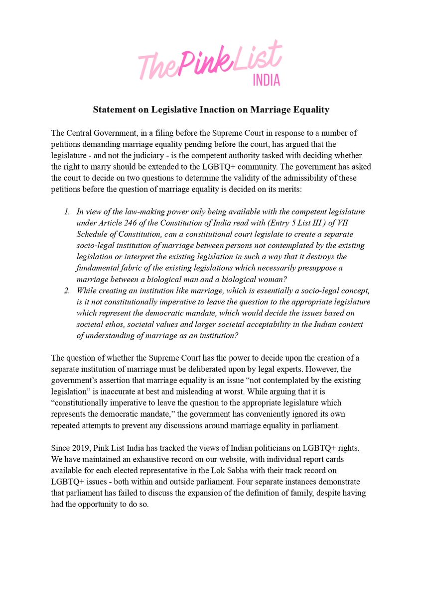 PinkListIndia's tweet photo. Our statement shows how, since 2008, despite questions in parliament, objections in debates, and private member bills, we have seen no progress on marriage equality.

Journalists: please use this when politicians say "let parliament decide." Ask them why they stonewall debates. https://t.co/bIgydSPG4y