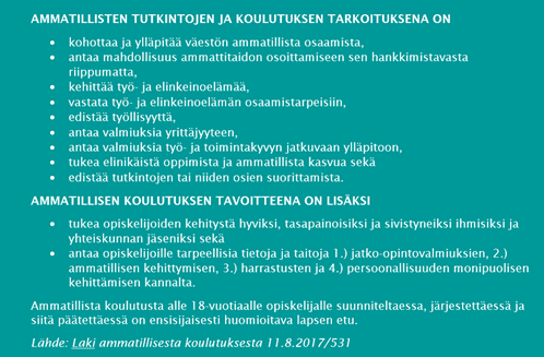 #Ammatillinenkoulutus vastaa laajasti sekä yksilön, työelämän että yhteiskunnan muuttuviin tarpeisiin! 

Liian moni ei tunne ammatillista koulutusta eikä tiedä sen mahdollisuuksista #kestävätulevaisuus ratkaisuissa: #osaaminen #työllisyys #hyvinvointi #osallisuus

Tätä saa jakaa!