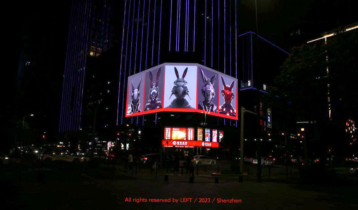 iloveleft's tweet photo. My #AIArtwork “Red #rabbit ”series shows on LED screen.#nft #NFTshill #generativeart https://t.co/JEyRa0Povf