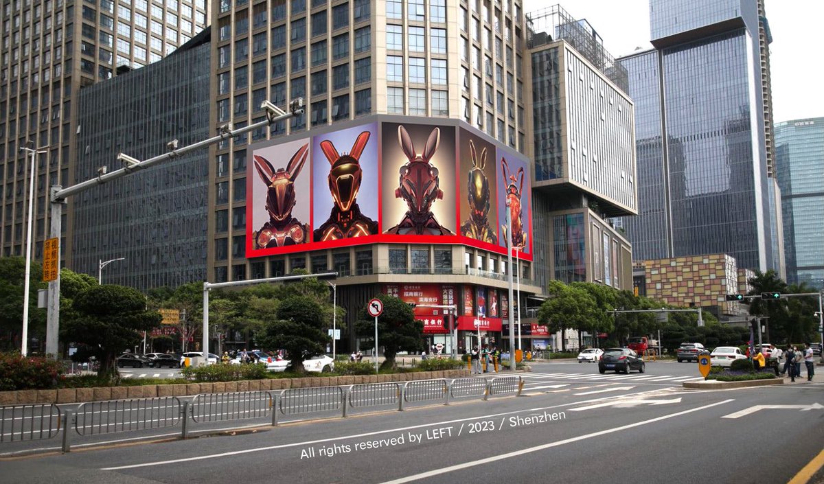 iloveleft's tweet photo. My #AIArtwork “Red #rabbit ”series shows on LED screen.#nft #NFTshill #generativeart https://t.co/JEyRa0Povf