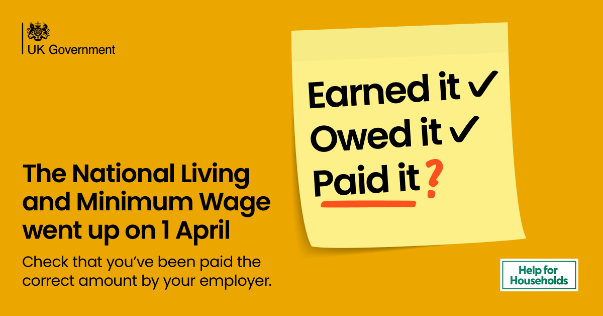 SafeguardOldham's tweet photo. Did you know the National Living and Minimum
Wage rates increased on 1 April? Check that
you’ve been paid the correct amount by your
employer 👉🏼https://t.co/DyLUeQU3zx
#CheckYourPay https://t.co/CsC0ldbRc5