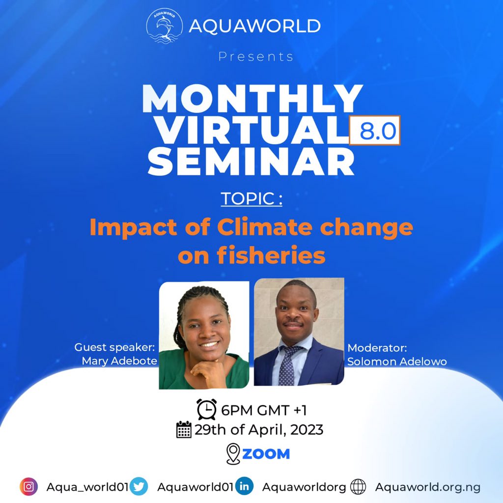 Aquaworld01's tweet photo. Climate change is affecting world’s fisheries negatively ; declining livelihoods, food chain and global economy.

Join our next seminar as we discuss the causes, impact (of climate changes) and opportunities tha can be harnessed to address this diatribe. https://t.co/40RnkuiI2Z