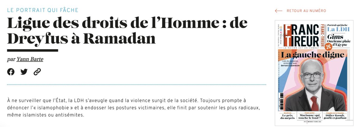 La #LDH a soutenu Tariq Ramadan, le #CCIF, l'imam antisémite #Iquioussen, organise des rencontres avec #SalahHamouri…
En revanche elle boude le procès CharlieHebdo/HyperCacher, les commémorations autour de #Dreyfus, empêche une lecture de texte de Charb… franc-tireur.fr/ligue-des-droi…