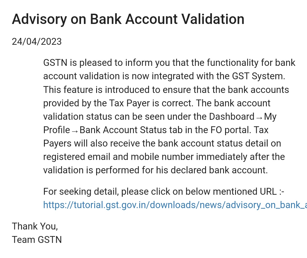 CA_PankajGoyal's tweet photo. Advisory on Bank Account Validation in GST
#GST_Update https://t.co/SjqiyXlJKq