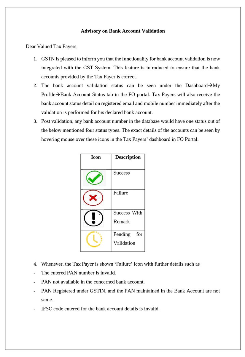 CA_PankajGoyal's tweet photo. Advisory on Bank Account Validation in GST
#GST_Update https://t.co/SjqiyXlJKq
