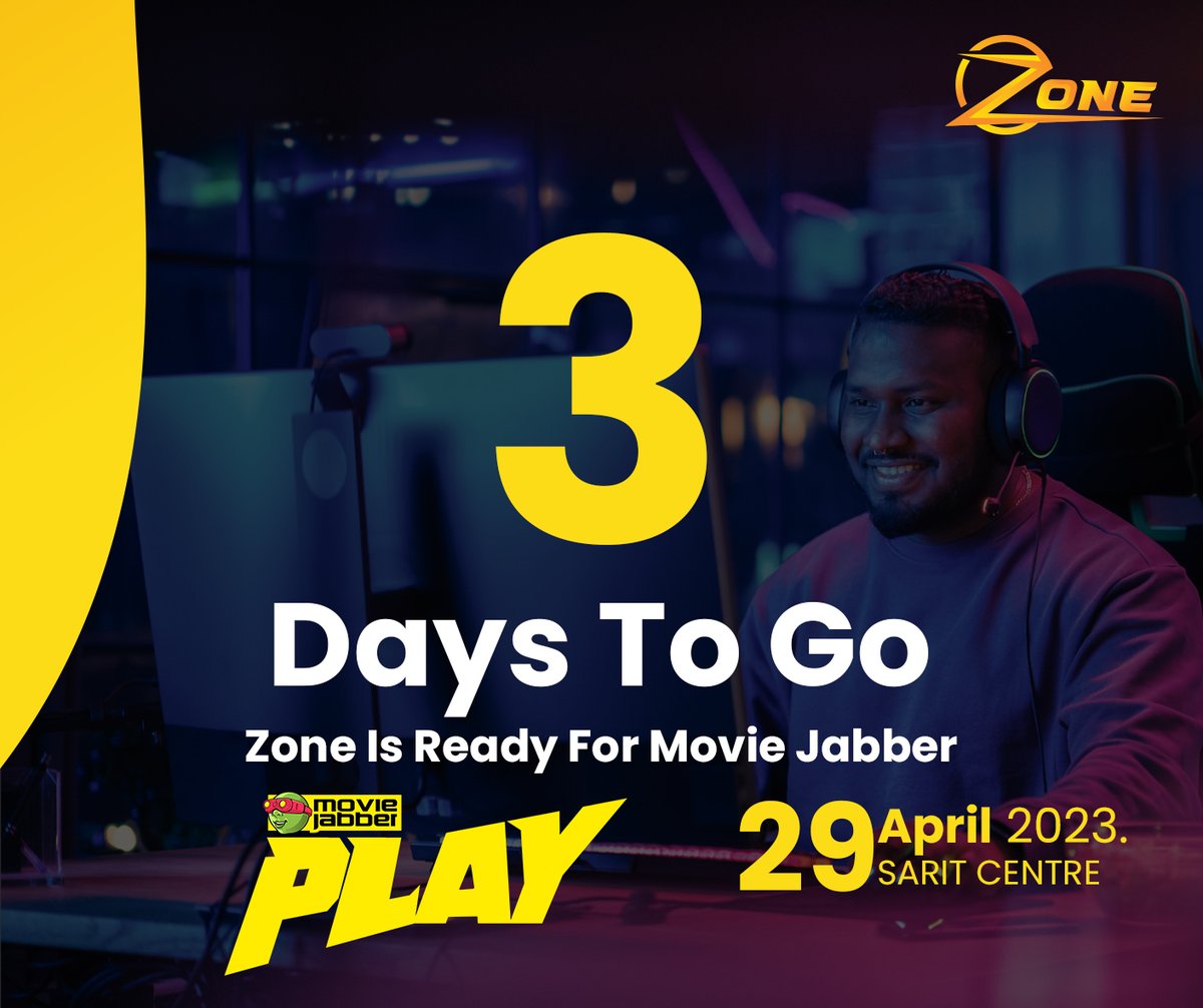 Only 3 days left until the biggest gaming event of the year - Movie Jabber Play! 🎮💥 Join us on April 29th and stop by the Zone booth to explore the ultimate gaming platform. The countdown is on!
<a href="/MovieJabber/">Movie Jabber</a> 

Get your tickets Here cutt.ly/l5htR3m

#MovieJabberPlay