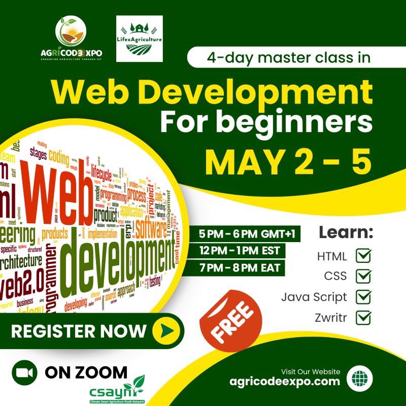 agricodeexpo's tweet photo. Registration link: https://t.co/2A38d6pJY0
In partnership with @GcuCsayn and LIFEX Agriculture.
Free. Attend all 4 days for certification.
#agricodeexpo_programs #agricodeexpo_workshop #agricodeexpo #webdevelopment #agriculture #nigeria #network #youthinagriculture #gcsayn https://t.co/IoAU21gNOH