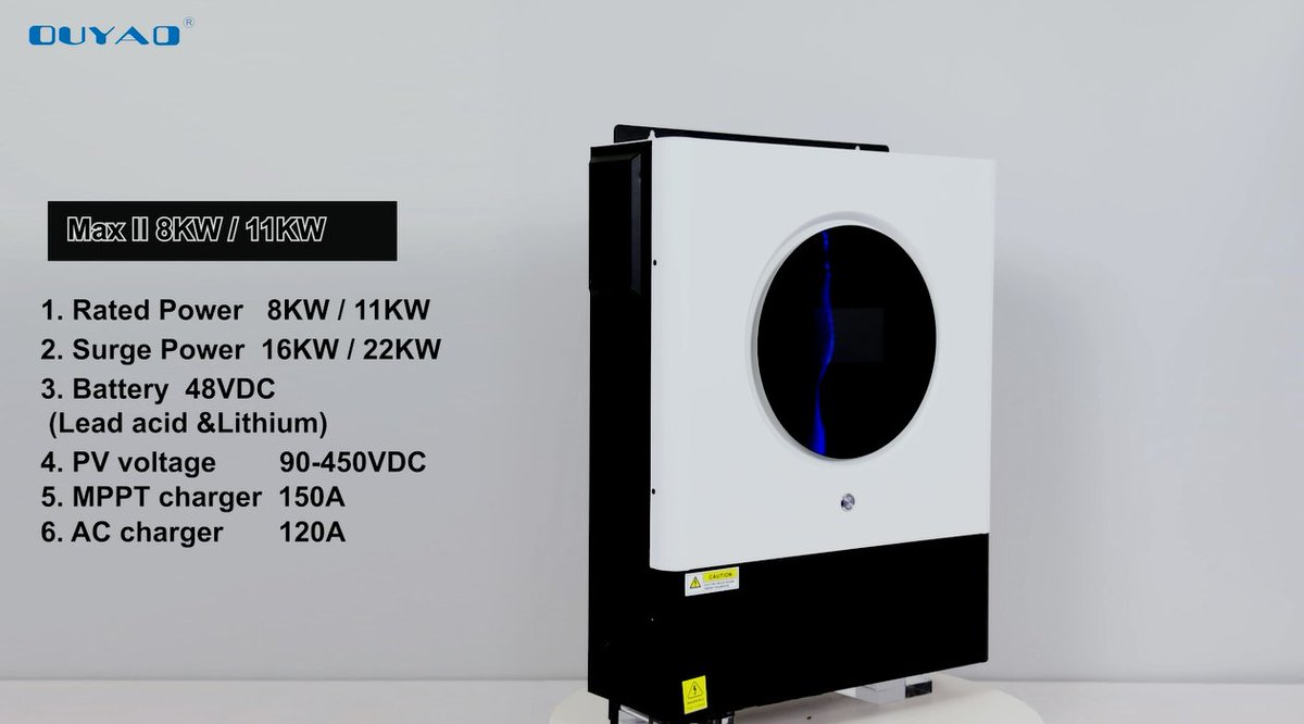 MaxII 8KW/11KW Solar Inverter
1.Rated Power 8KW / 11KW
2.Surge Power 16KW / 22KW
3. Battery 48VDC (Lead acid &amp;Lithium)
4.PV voltage 90-450VDC
Any purchase plan, feel free to contact me ：buff.ly/3RNBIIB
#solarenergy #solarpower #solarpv #solarsystem #powersystem
