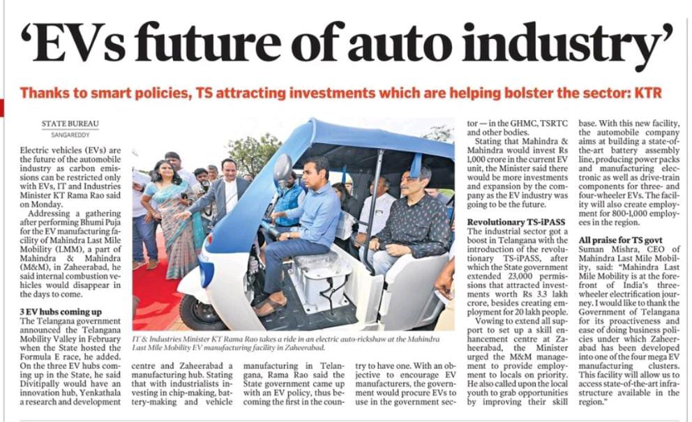 MinisterKTR's tweet photo. Electric Vehicles (EVs) 🔌 are the future of automobile industry as carbon emissions can be restricted only with EVs. Internal combustion vehicles would disappear in the days to come, said IT and Industries Minister @KTRBRS. https://t.co/YZkPratf0W