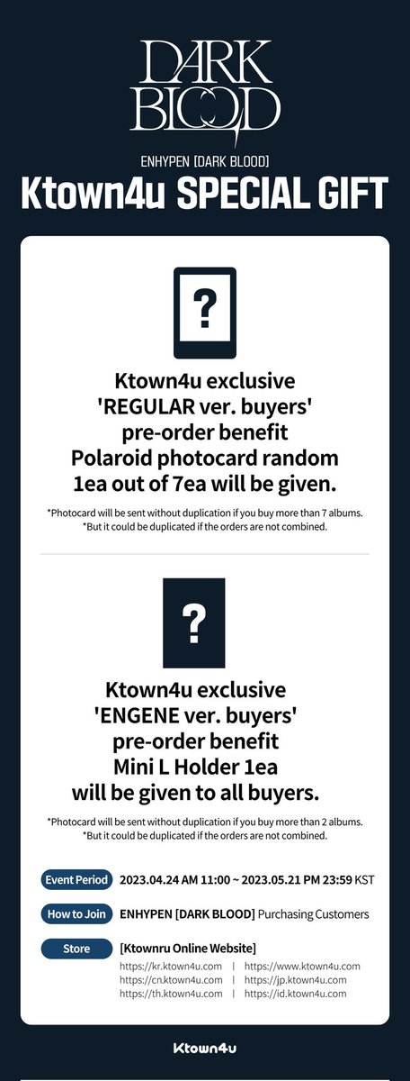 [PREORDER / INA GO]

#ENHYPEN - Mini Album [ DARK BLOOD ]

Reguler Album ver.
Ktown : 💰260.000
Weverse : 💰350.000
(dp 100.000)

Engene Album ver.
Ktown : 💰175.000
Weverse : 💰225.000
(dp 50.000)

✅EMS, Tax, Packing
✅Reseller/DS

⌛18.05.2023

Ask or Order by DM💕