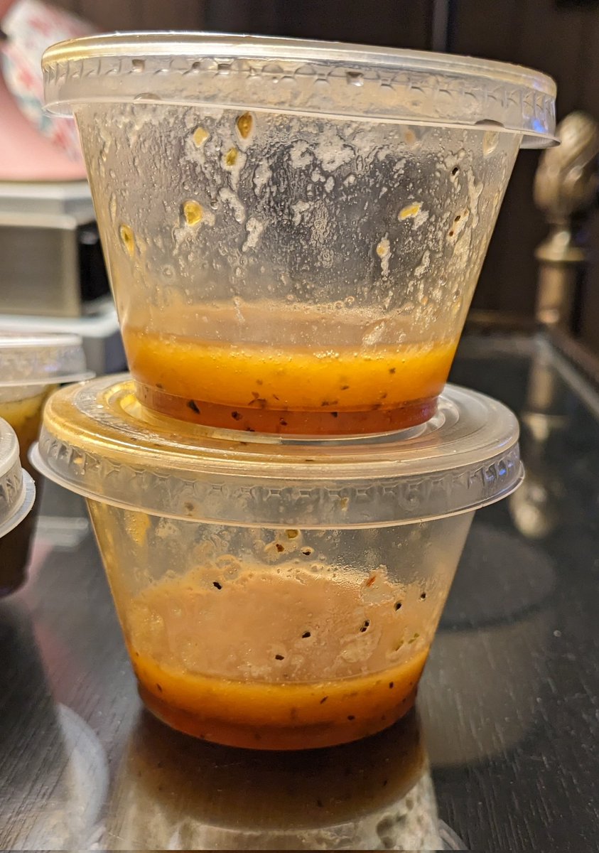 Critical shortage of honey? Vinegar, perhaps? Because, <a href="/ChipotleTweets/">Chipotle</a> this is getting out of hand. 
75% of the time-- no matter where-- there isn't any vinaigrette. If you're lucky enough to get it, it's now been reduced to the absurd.
These are unopened. For two salads. Cool.