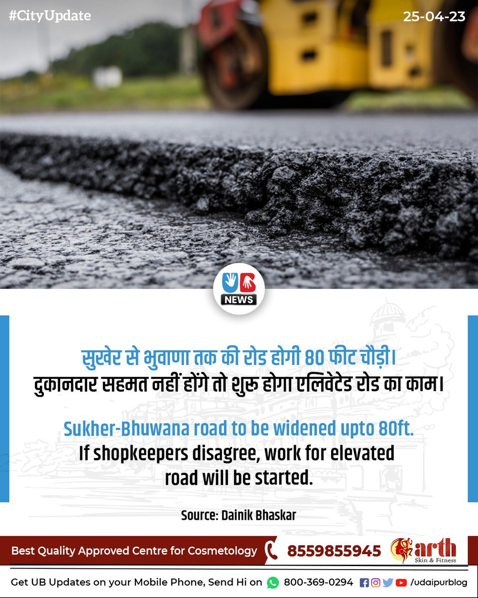 udaipurblog's tweet photo. सुखेर चौराहे से भुवाणा तक के दुकानदारों के लिए बड़ी खबर है। यूआईटी ने अब इस मार्ग पर एलिवेटेड रोड बनाने की जगह इसे 80 फीट तक चौड़ा करने का फैसला लिया है।
#sukher #80ftroad #bhuwanaudaipur #bhuwana #udaipurroad #road https://t.co/fBQfYL2CBx