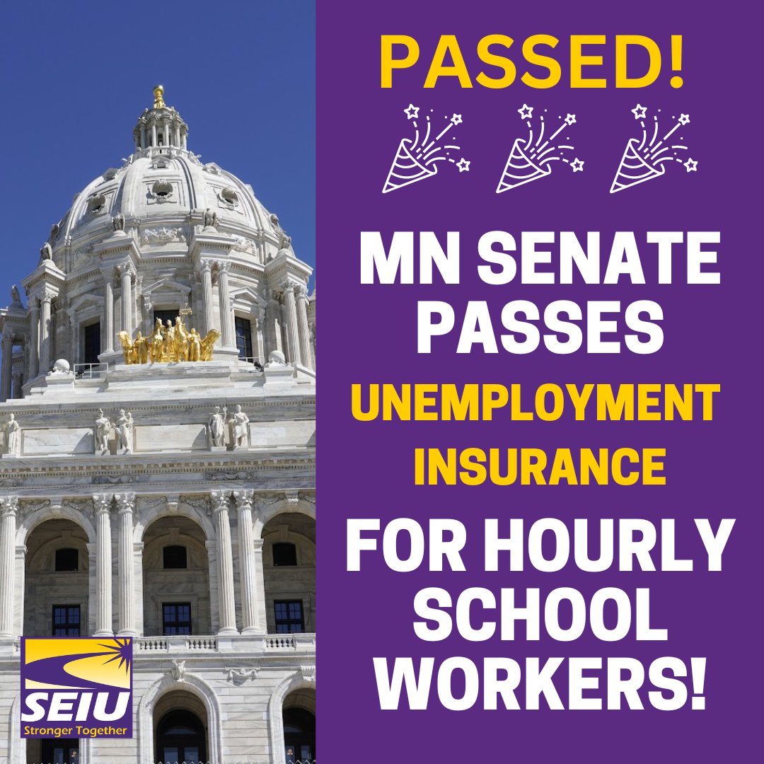 seiumn's tweet photo. MORE 🚨BREAKING🚨NEWS!
The #mnleg Senate passed Unemployment Insurance tonight for hourly school workers, fixing this outdated law. This will help students & staff by ensuring paras, bus drivers, food service workers & more don't face a crisis each summer. (1/2) https://t.co/v7lZrr4oKs