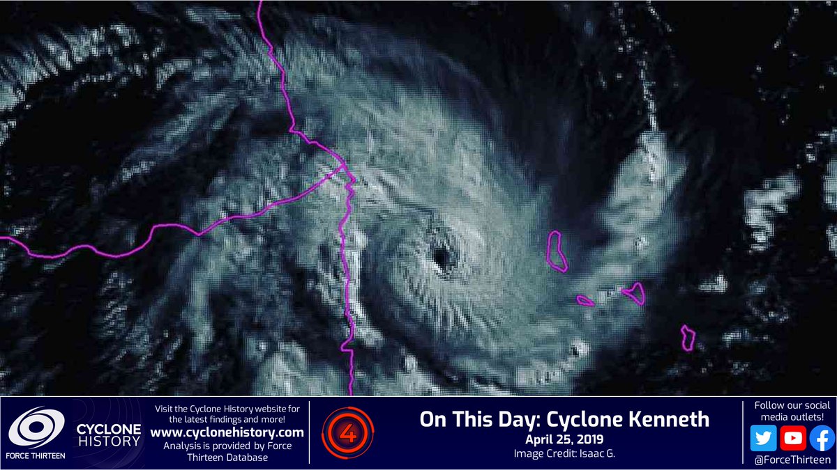 CycloneHistory's tweet photo. #OTD in 2019, #CycloneKenneth became the strongest landfalling #cyclone in #Mozambique's history soon after reaching its F13-analyzed peak of 145mph/936mb.
The storm was responsible for 45 deaths in the country, which was still recovering from Idai a month earlier. https://t.co/dDlAXBkPop
