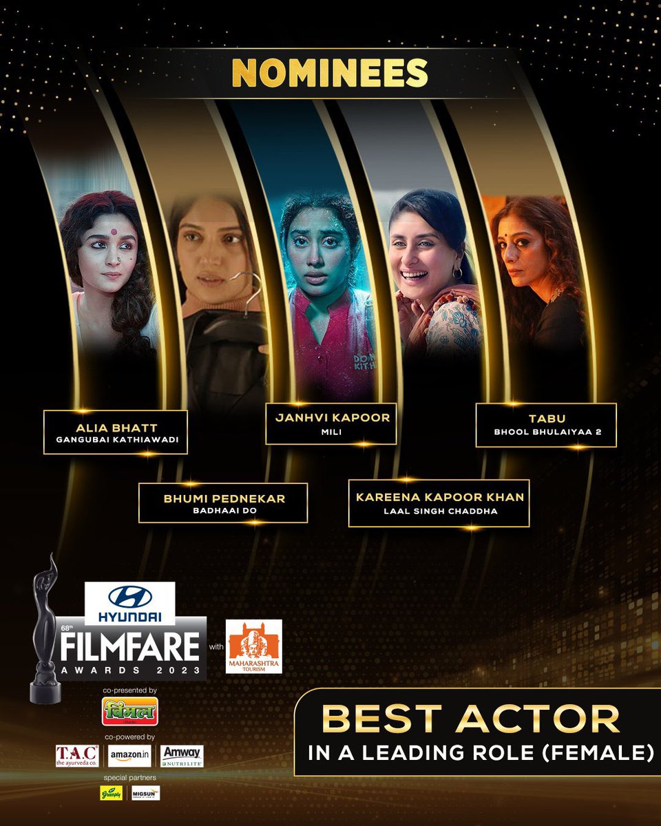 #JanhviKapoor has been nominated for Best Actor In A Leading Role (Female) for her performance in #Mili for the 68th #HyundaiFilmfareAwards2023 with #MahahrashtraTourism 🎉💕