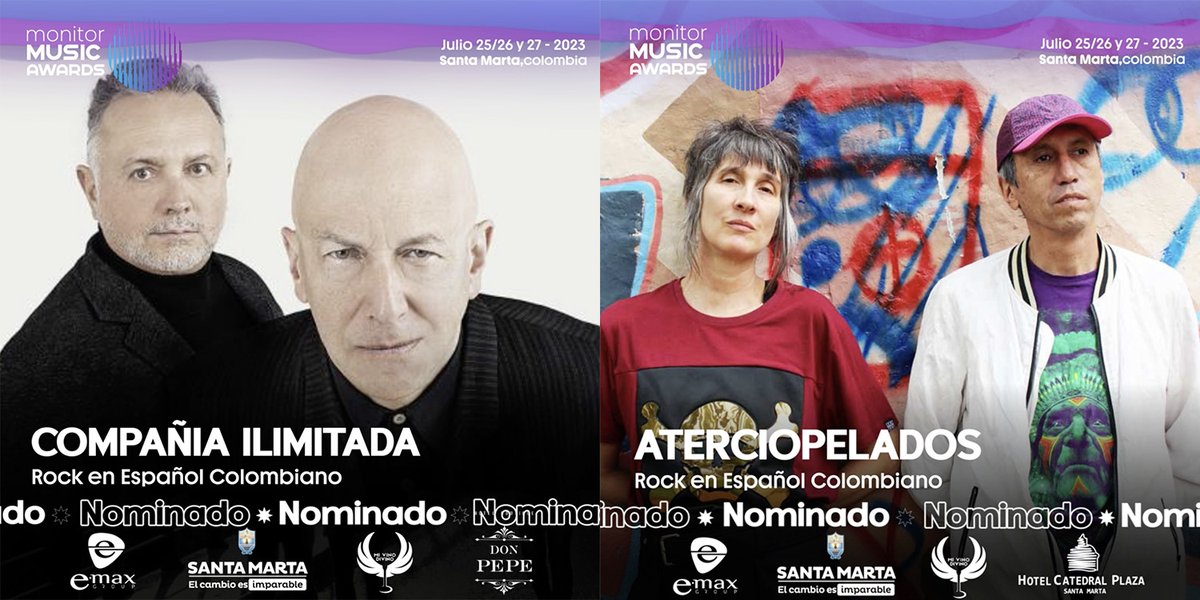 MonitorAwards's tweet photo. Presentamos a Nominado a Categoría Mejor Artista Rock en Español Colombiano:

@aterciopelados 
@ciailtda 
@Diamantelectric 
@KatamaranMusic 
@krakenTitanOfi 

Acompaña tu artista favorito desde 25 al 27 de Julio, en la lluvia de estrellas más esperada del años desde SantaMarta https://t.co/Y1y4F2d2ag
