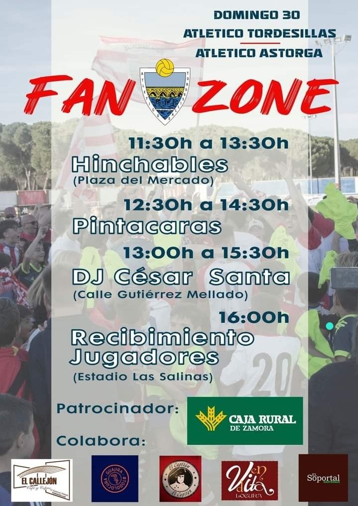 AtcoTordesillas's tweet photo. ℹ️ Fan zone 🥳🍻⚽

11:30 a 13:30 Hinchables 👶
12:30 a 14:30 Pintacaras 😀🔴⚪🔴
13:00 a 15:30 Música en directo 🔊🎧

16:00 Recibimiento equipo 🔴⚪🔴🙌

#VamosTorde💪 https://t.co/1AreR8LOYc