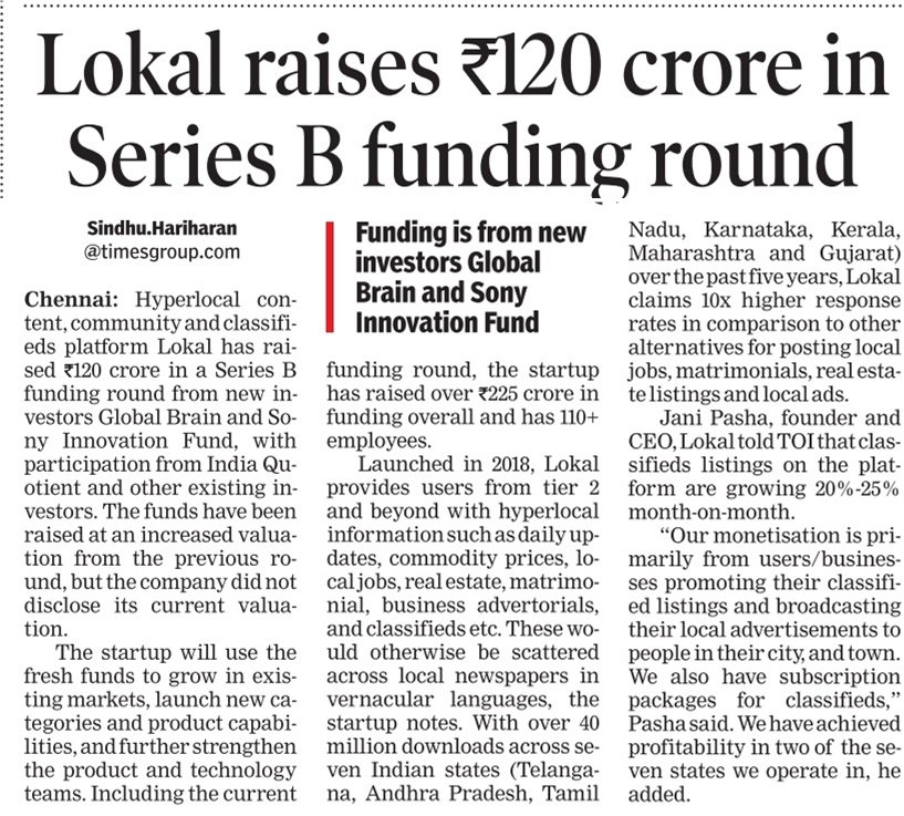Excited to announce Lokal's series B fundraise.  

We are thrilled to receive support from Global Brain and Sony Innovation Fund in addition to existing investors on our board as we redefine how Tier2+ users of India access hyperlocal information.