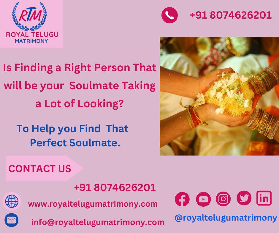 RT_Matrimony's tweet photo. Is Finding a Right Person That will be your #Soulmate Taking a Lot of Looking ?
To Help you Find That #Perfect #Soulmate.
Register Today:
📷 8074626201
📷 https://t.co/CxtNzmpKGI
📷 info@royaltelugumatrimony.com
#royaltelugumatrimony #perfectlifepartners #guntur #RTM #royaltelugu https://t.co/2ersLfdjht