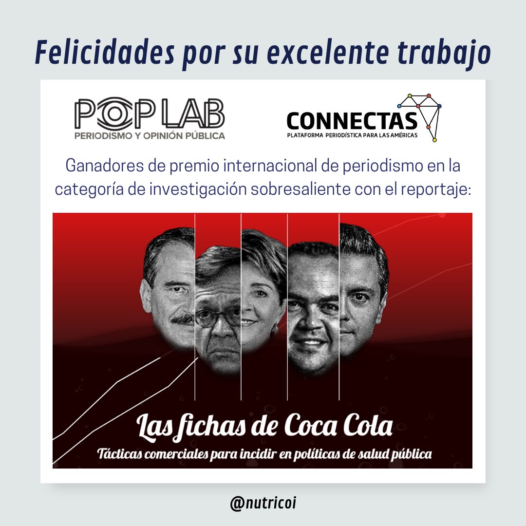 NutriCOI's tweet image. Felicitamos al equipo de @poplabmx que ganaron el premio del @fjawards en la categoría de ¨investigación sobresaliente¨ por el reportaje #LasFichasdeCocaCola. Exhiben como funcionarios de gobierno obtienen cargos en #Cocacola o #FEMSA, y viceversa👉🏽
 poplab.mx/especiales/las… #COI