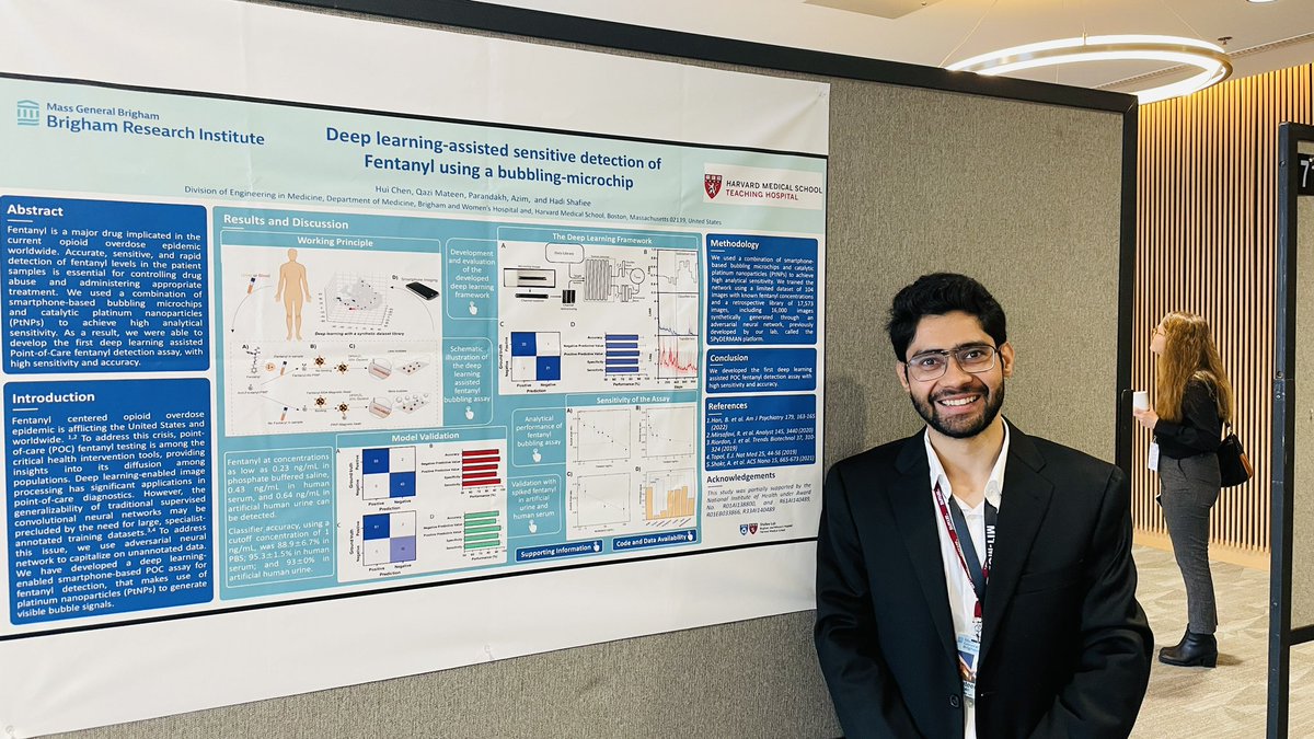 qnmateen's tweet photo. My @MIT-@MassGenBrigham #AICures2023 Poster presentation on “Deep learning-assisted sensitive detection of fentanyl using a bubbling microchip”.

.
.
#mit #aicures #mitai #mitconference #harvard #harvardmedical #research #fentanyl #ai #researcher_on_exploration https://t.co/FNWxJSBLHZ