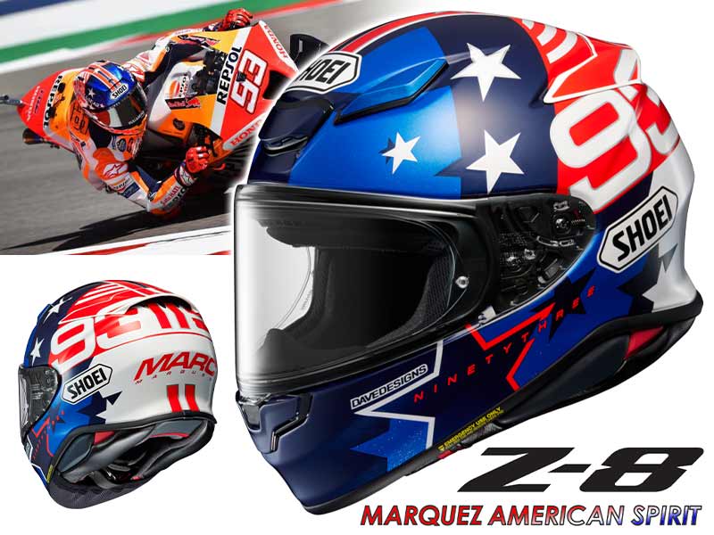 BikeBrosMagazin's tweet photo. ショーエイから #マルクマルケス の限定カラーモデル「Z-8 MARQUEZ AMERICAN SPIRIT」が登場するよ。今シーズンはケガで欠場したけど、マルケスってば #COTA でのアメリカズGPではめちゃ強いもんね。そりゃ似合うはず~。商品詳細はリンク先から > https://t.co/DXoQGwxdyu
#M93 #Z8 https://t.co/jUuWxPggu2