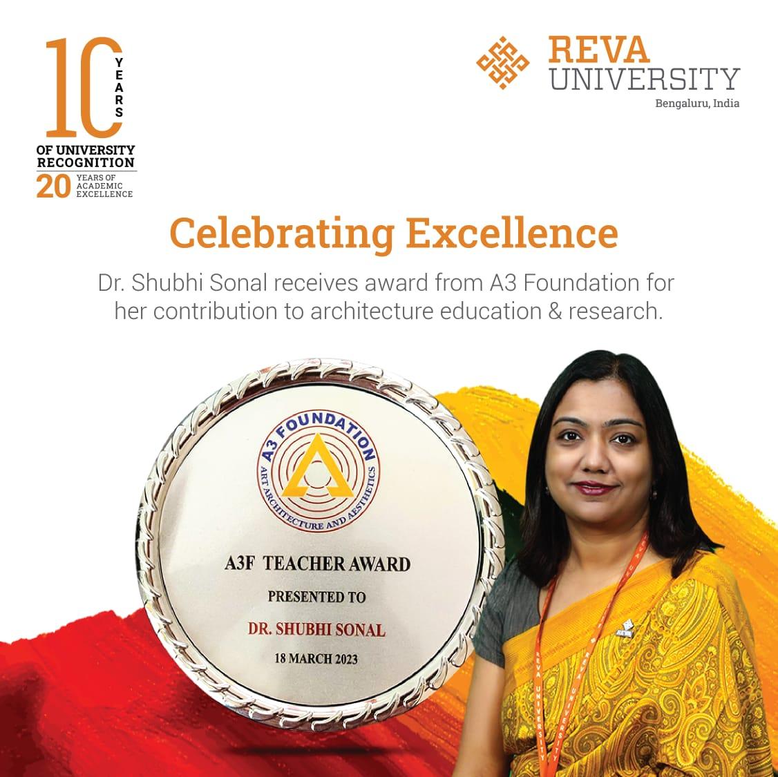 REVAUniversity's tweet photo. Congrats Dr. Shubhi Sonal on winning the prestigious A3F Teacher Award! Your dedication to sustainable art, architecture, and aesthetics is an inspiration to us all. #A3Foundation #SustainableArt #Architecture #Aesthetics #REVAUniversity https://t.co/QhyFIjzu42